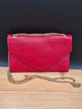 Barneys New York Red Pebbled Leather Envelope Crossbody Clutch Wallet on Chain